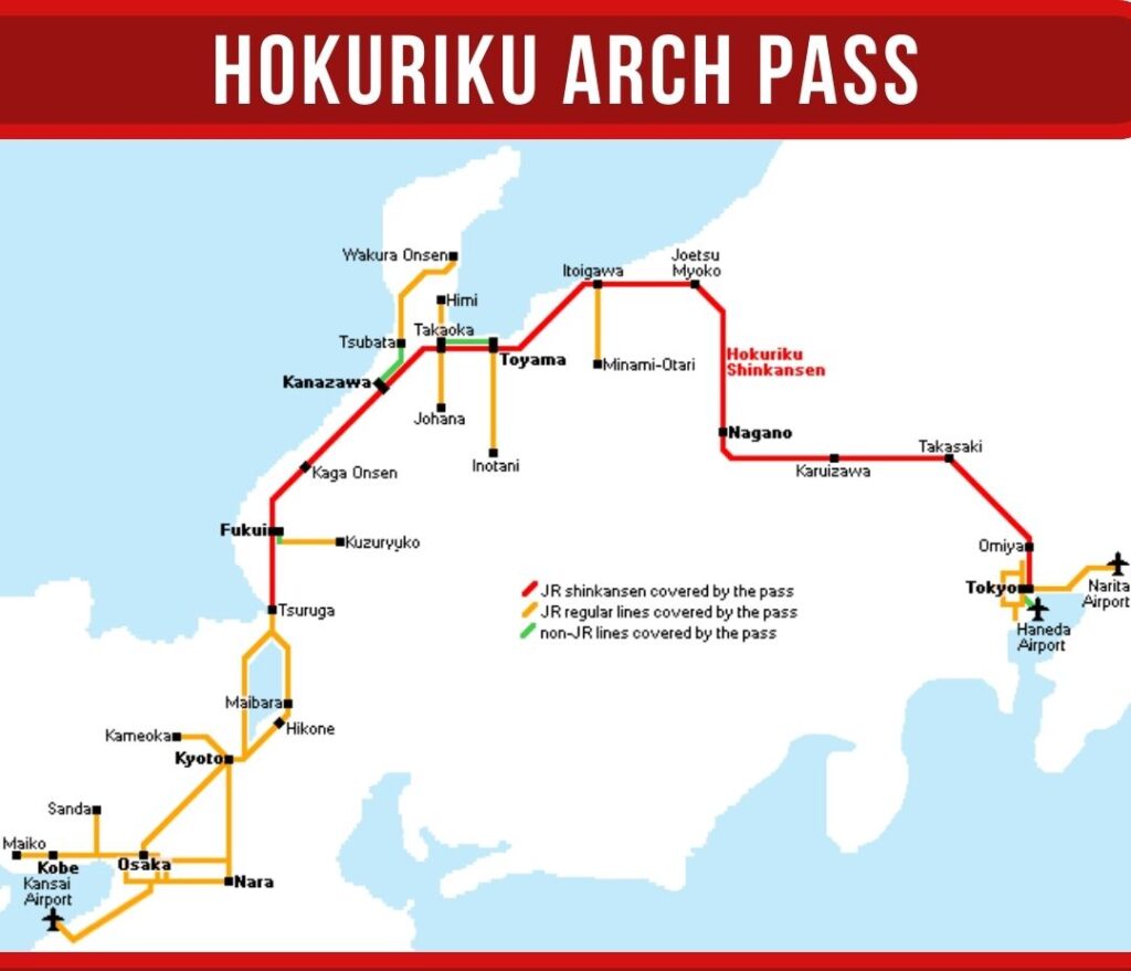 Hokuriku Arch Pass route map from Tokyo to Osaka